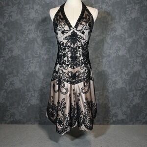 Interlude USA Beaded‎ Halter Bubble Hem Dress Black / Nude Party size Small